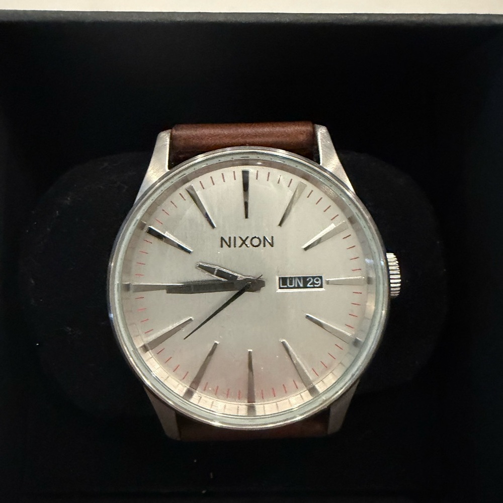 Nixon Silver Watch with Brown Leather Band